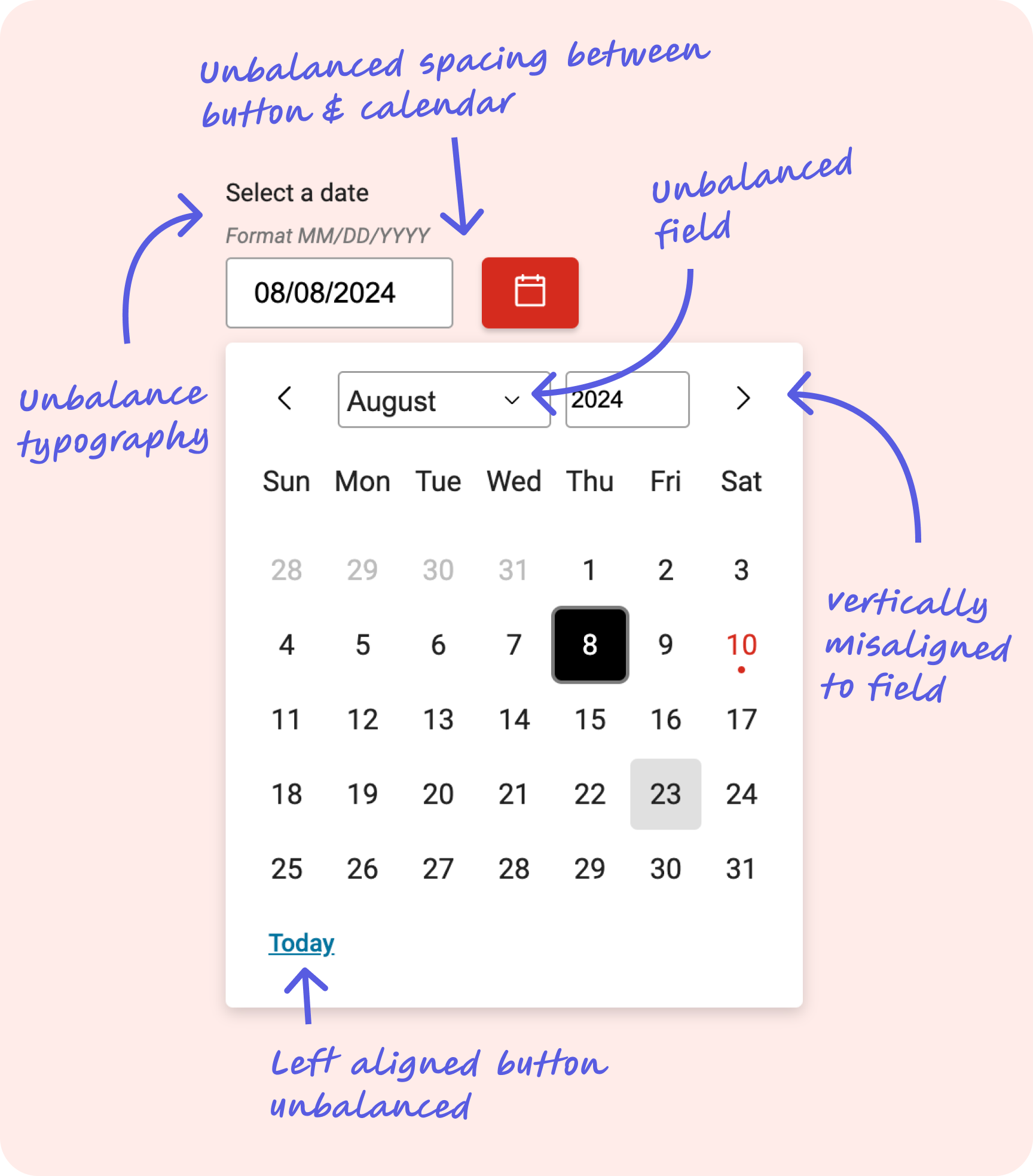 Annotated diagram showing alignment issues in the original date picker