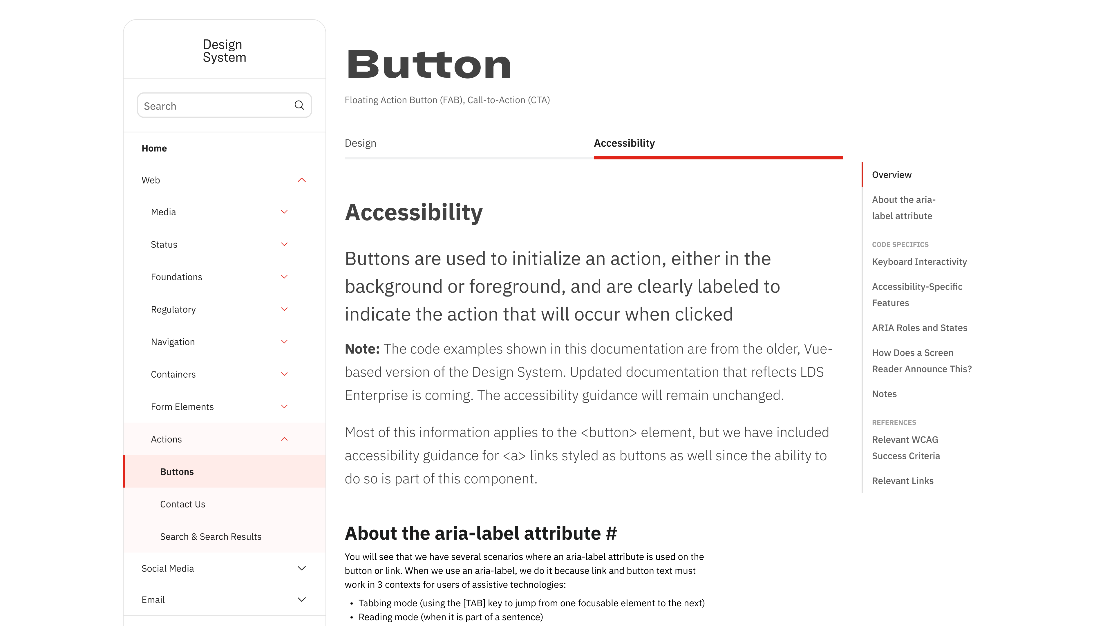 Redesigned accessibility tab — structured with right-rail navigation covering ARIA roles, keyboard interactivity, screen reader behavior, and WCAG criteria