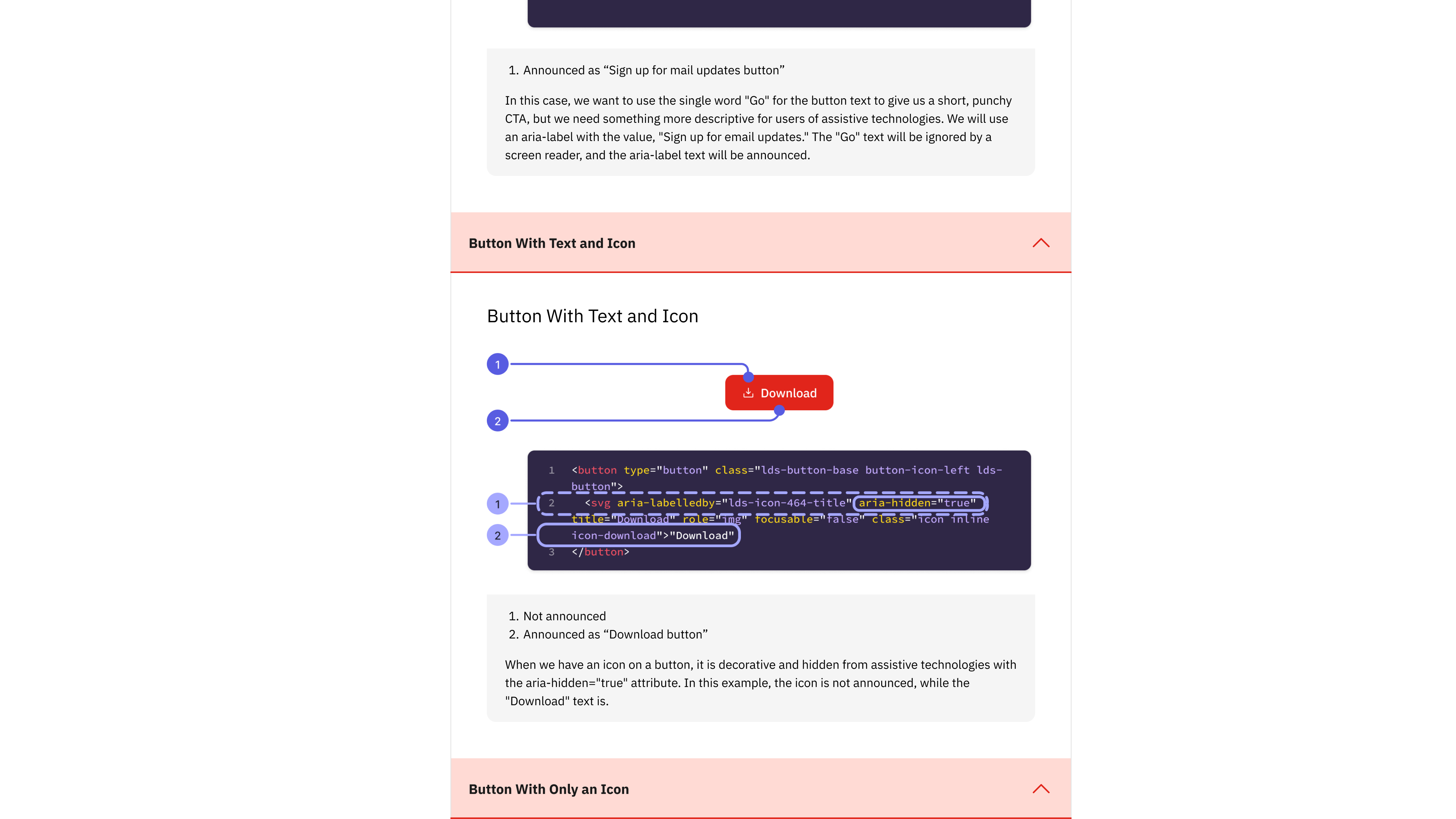 New accessibility documentation showing anatomy callouts on a Download button with numbered indicators pointing to aria-hidden and icon elements, alongside code example