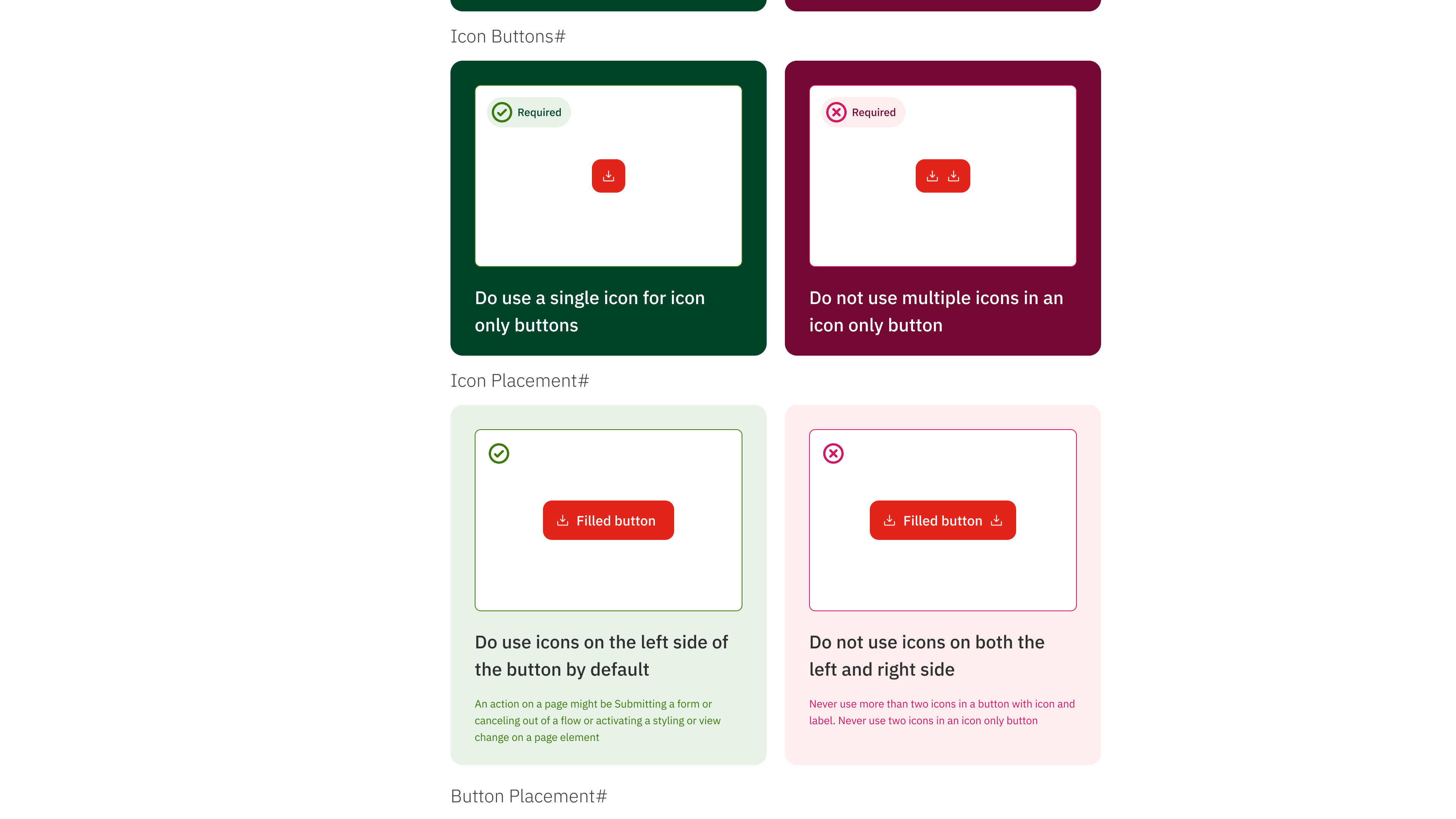New usage guidelines showing do and don't cards for icon button usage — green cards for correct patterns, red cards for incorrect patterns