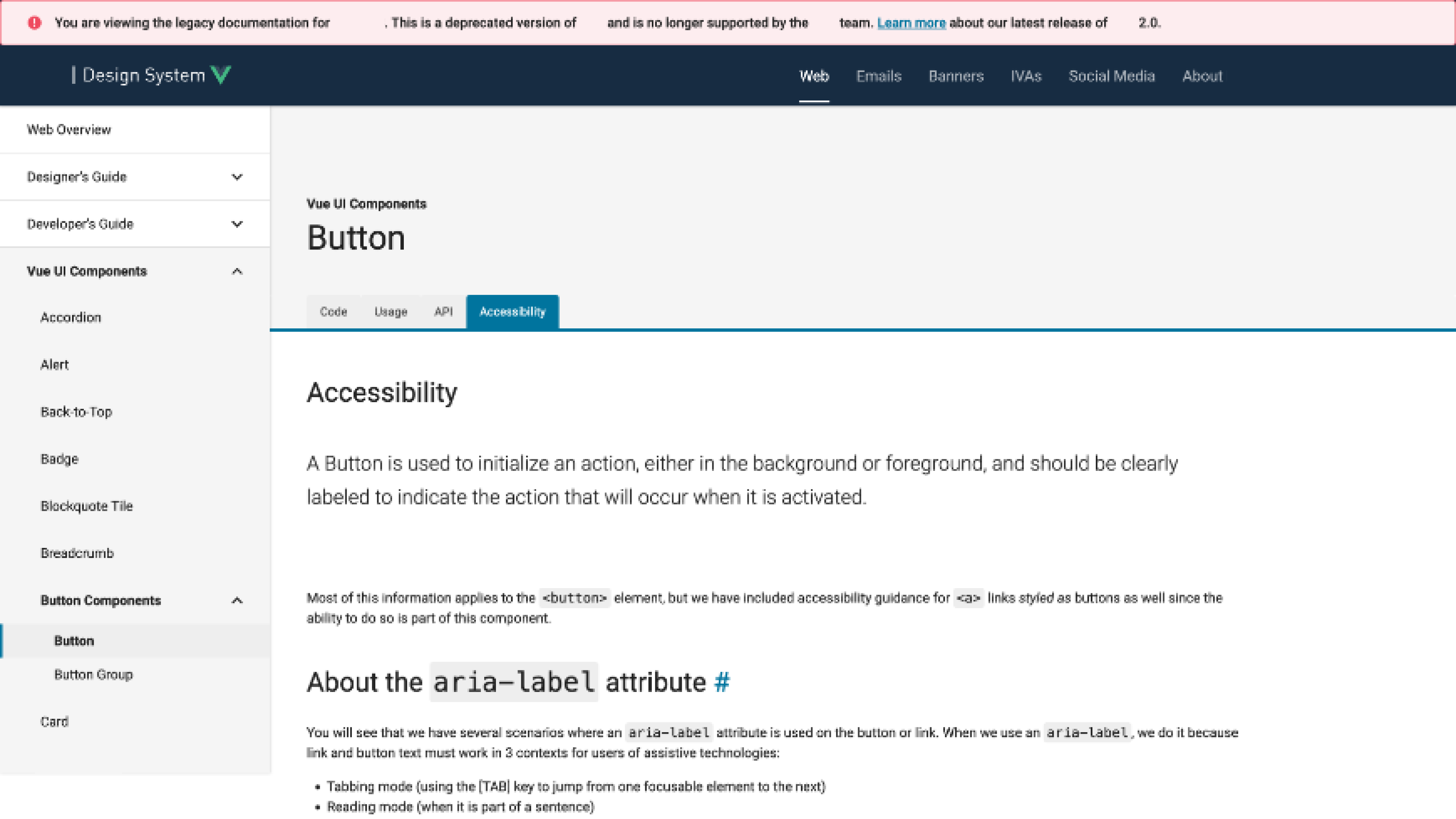 Legacy portal accessibility tab — same dense layout as usage, no structured guidance, deprecated system warning