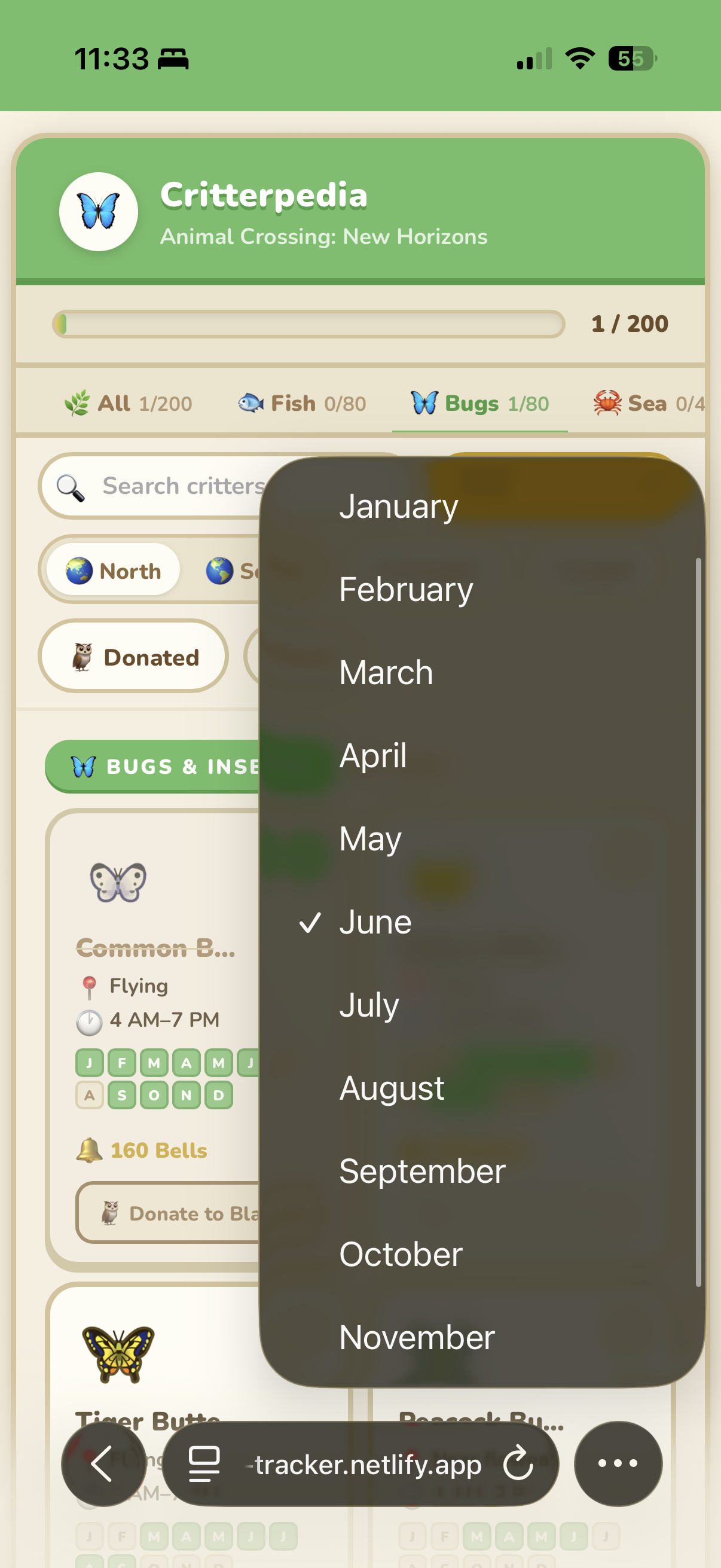 Critterpedia mobile — month picker dropdown open with June selected, showing the month filter interaction pattern