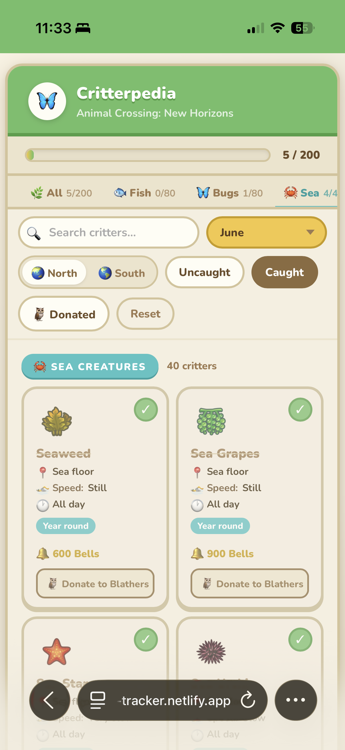 Critterpedia mobile — Sea Creatures tab, June, Caught filter active, showing 4 caught sea creatures with green checkmarks and strikethrough names