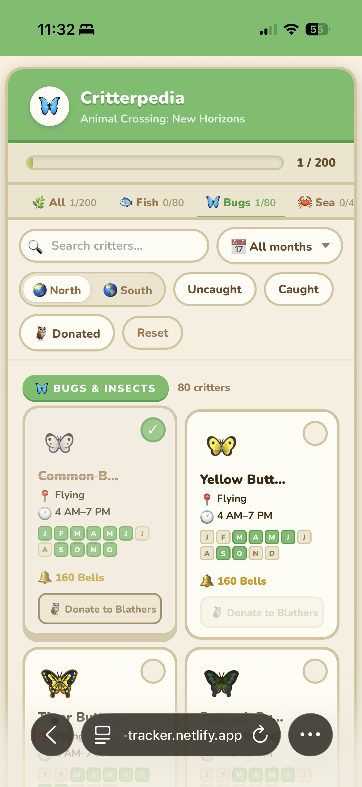 Critterpedia mobile — default state showing Bugs tab with all 80 insects, filter controls visible, catch status circles empty