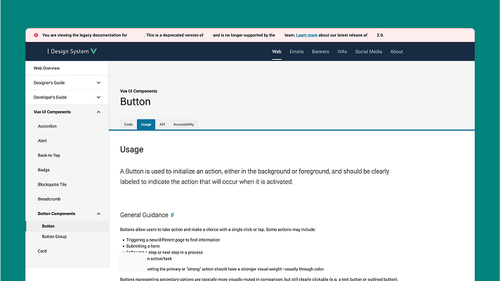 Original design system portal showing dense, text-heavy documentation with poor visual hierarchy