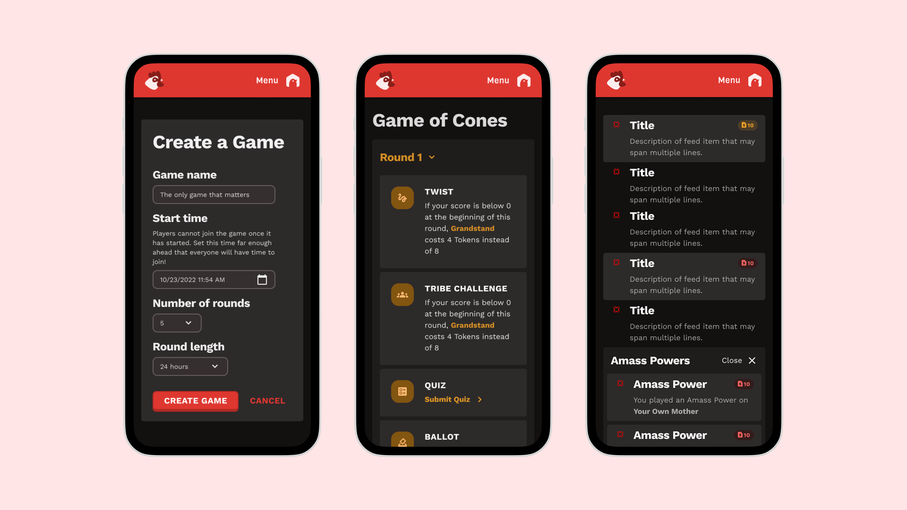 Pecking Order final app — Create Game, Game of Cones dashboard, and feed screens