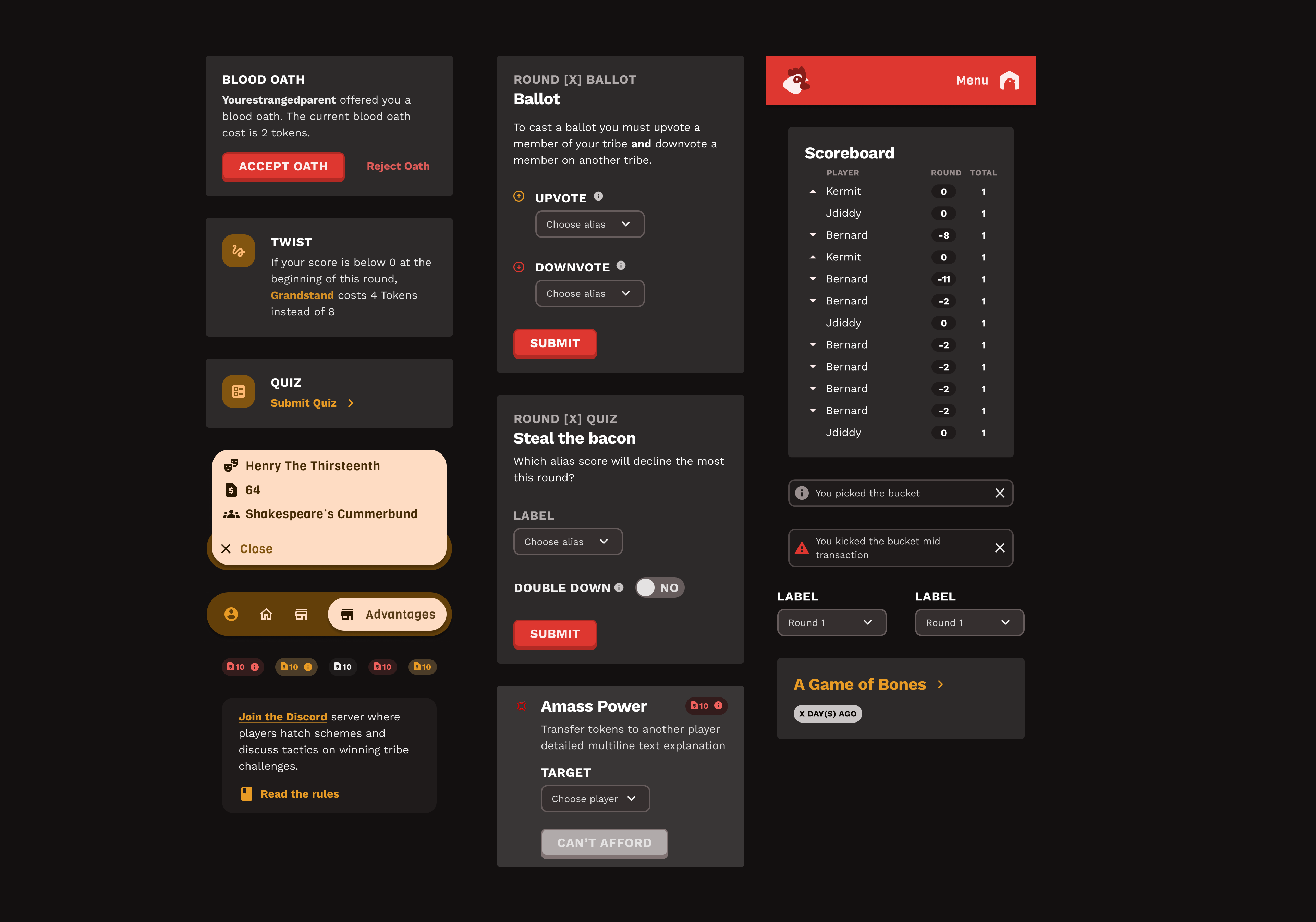 Pecking Order — Blood Oath prompt, ballot submission, quiz, scoreboard, and tribal challenge screens