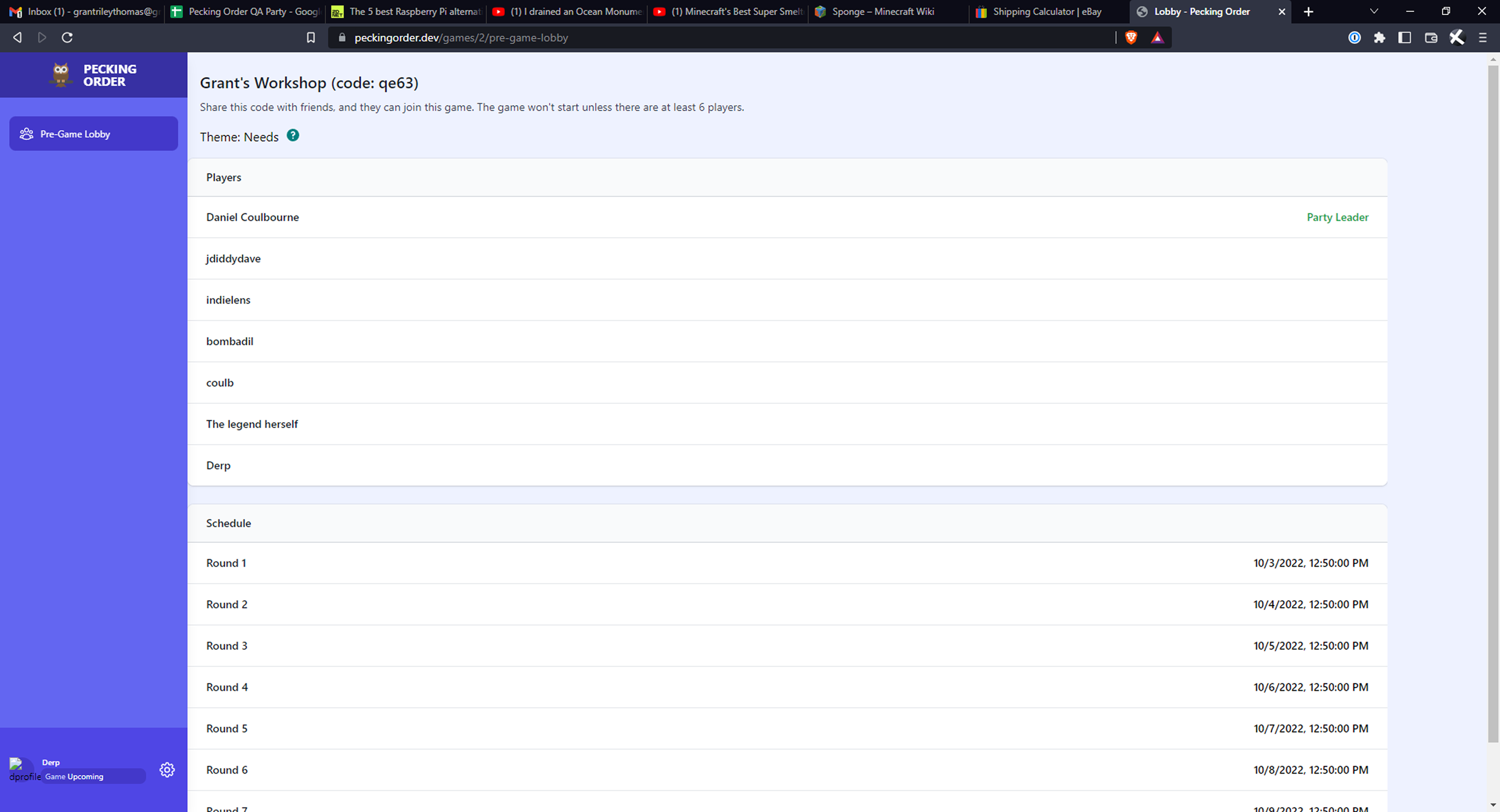 Early web version of Pecking Order — pre-game lobby in the Laravel beta, light theme
