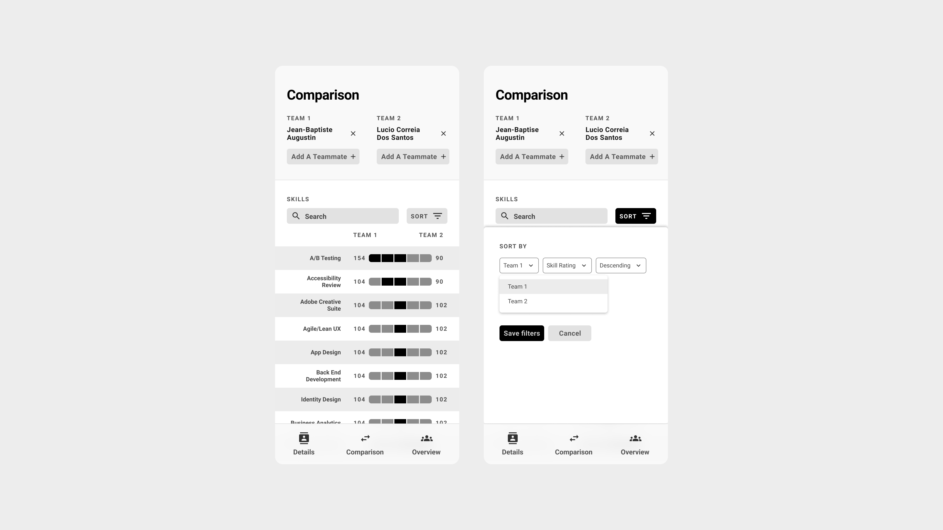 Comparison view with sort filter open — sort by Team 1 or Team 2, Skill Rating, Ascending or Descending